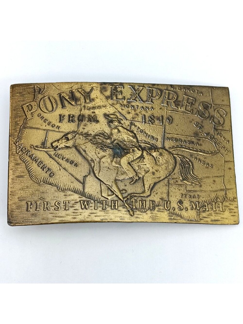 Pony Express Brass Belt Buckle By Lewis Buckles Chicago 1849 U.S. Mail Vintage